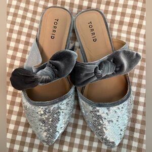 Torrid Gray Sequin Party Mules with Velvet Bows, 9W